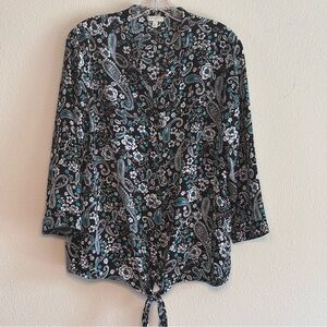 EUC Talbots Women's Black and Blue Paisley Blouse Front Button Closure SZ M